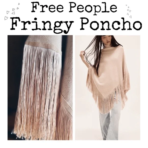Free People Fringy Poncho S NWT Tan CreamLuxe Boho Winter Layer